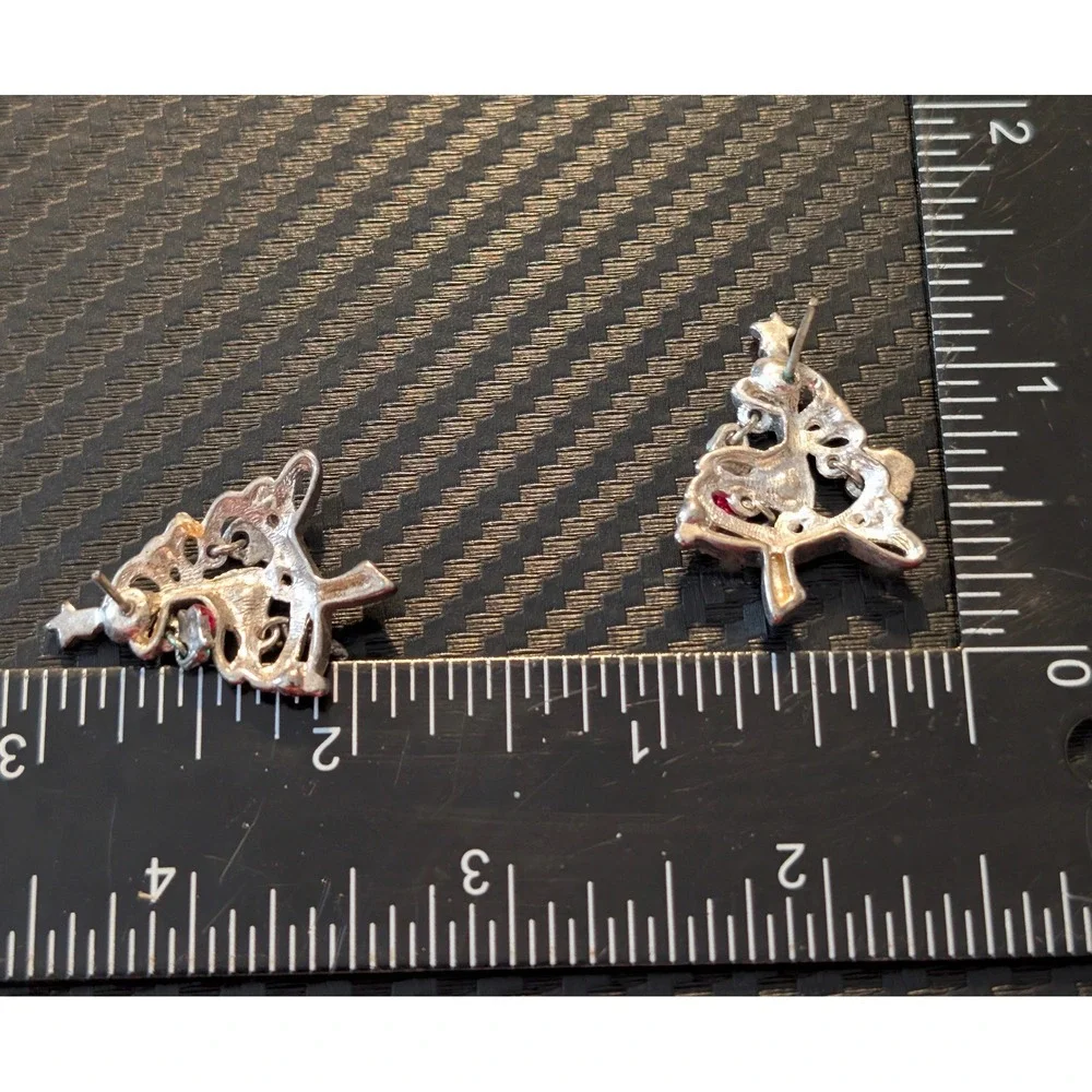 Vintage Unbranded Christmas Tree Earrings Women OS Silver Red Green Enamel Studs - Picture 6 of 6